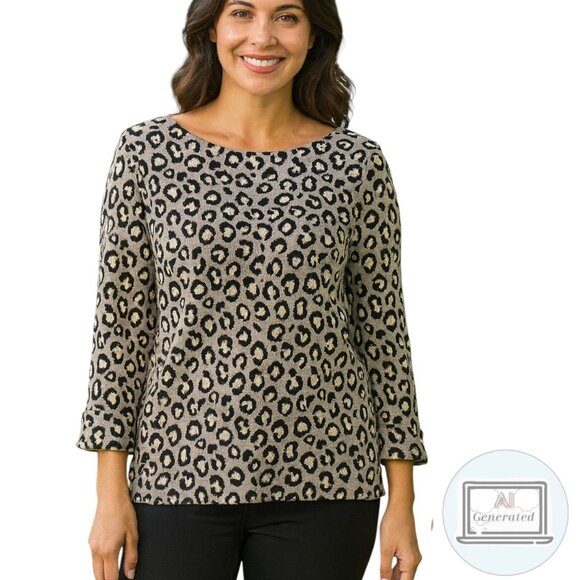 Tahari Womens Leopard Sweater Cuffed Sleeve Soft Stretch Pullover US Size M - Picture 1 of 11
